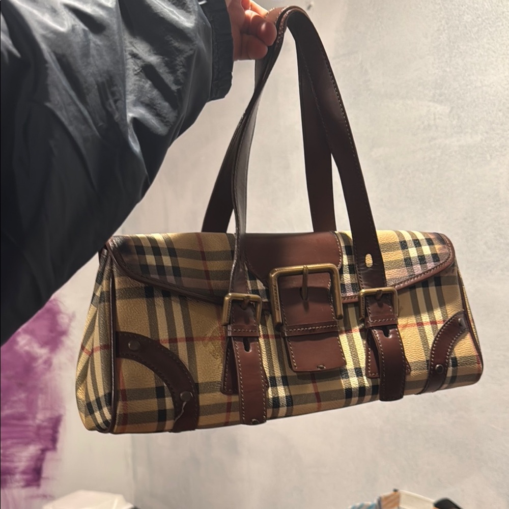 Burberry Plaid Handbag with Brown Leather Accents